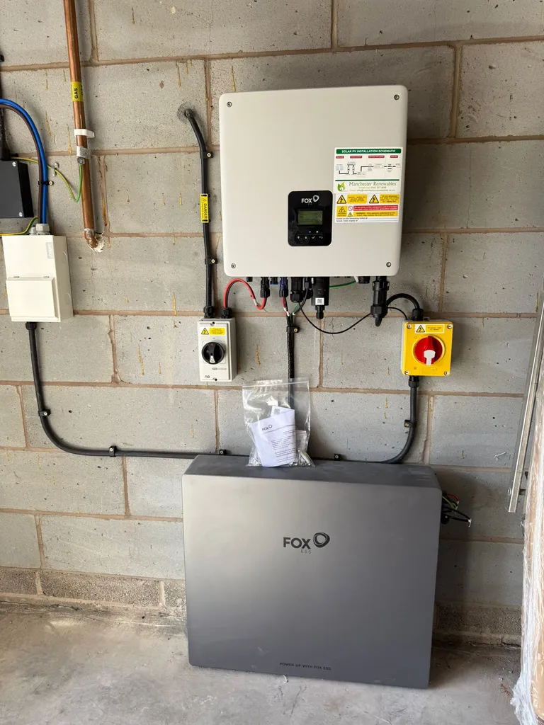 Completed Fox ESS ECS battery storage installation — wall-mounted in home garage