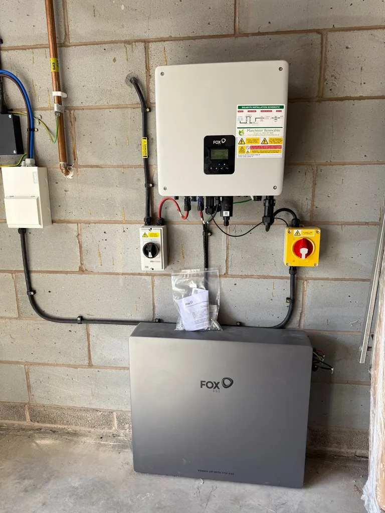 Fox ESS battery storage installation showing wiring — Manchester garage