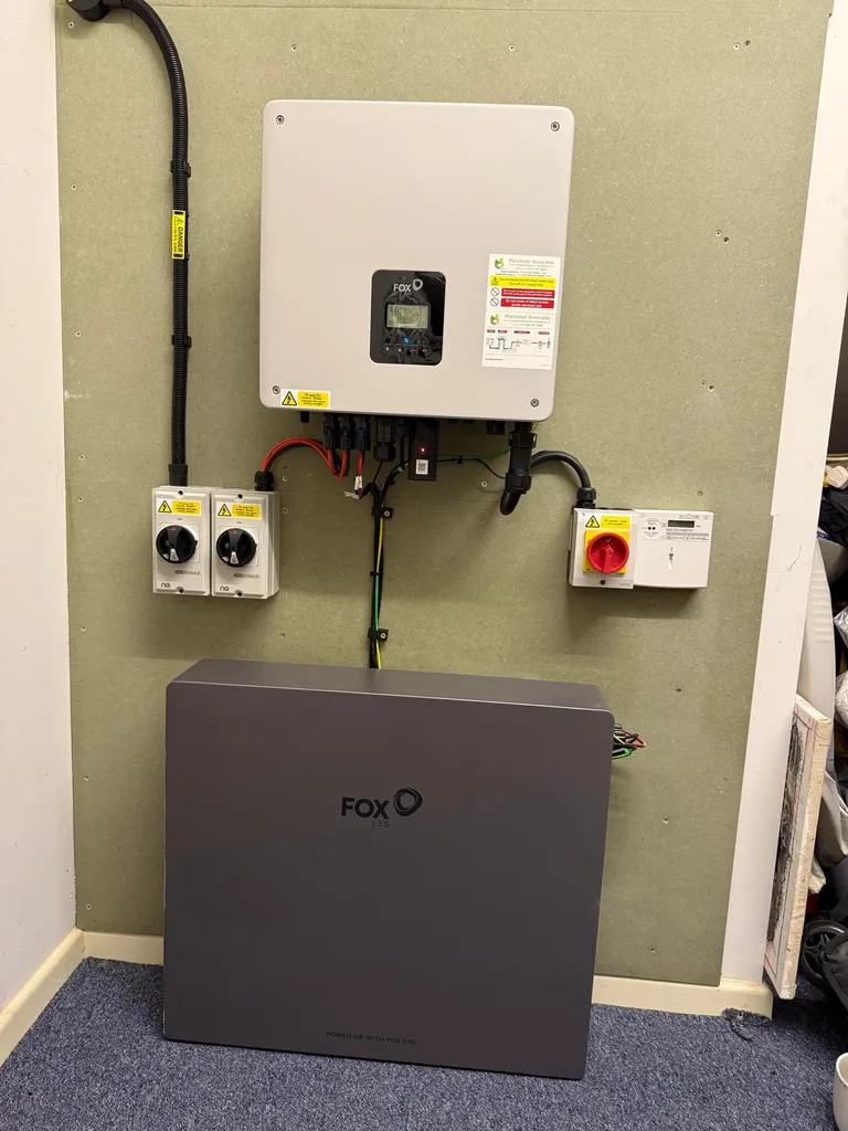 Fox ESS inverter and battery in home utility room, Manchester