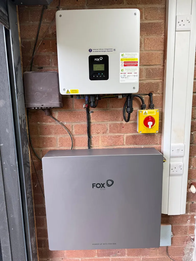 Fox ESS inverter and battery storage — home porch installation, Manchester