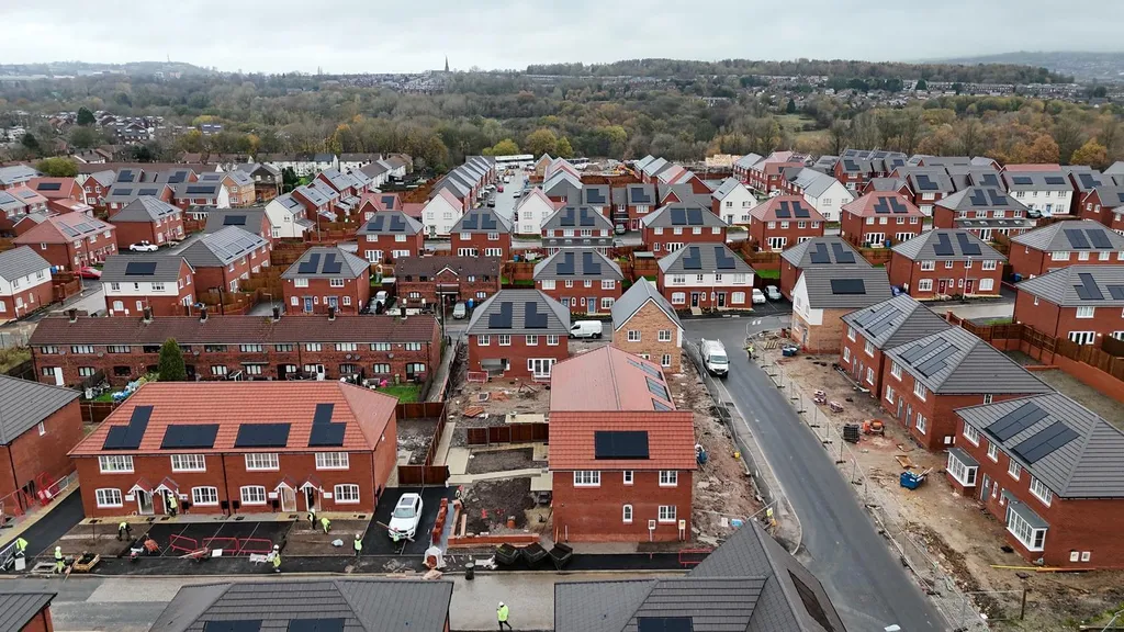 Manchester Renewables new-build estate — solar rooftops aerial