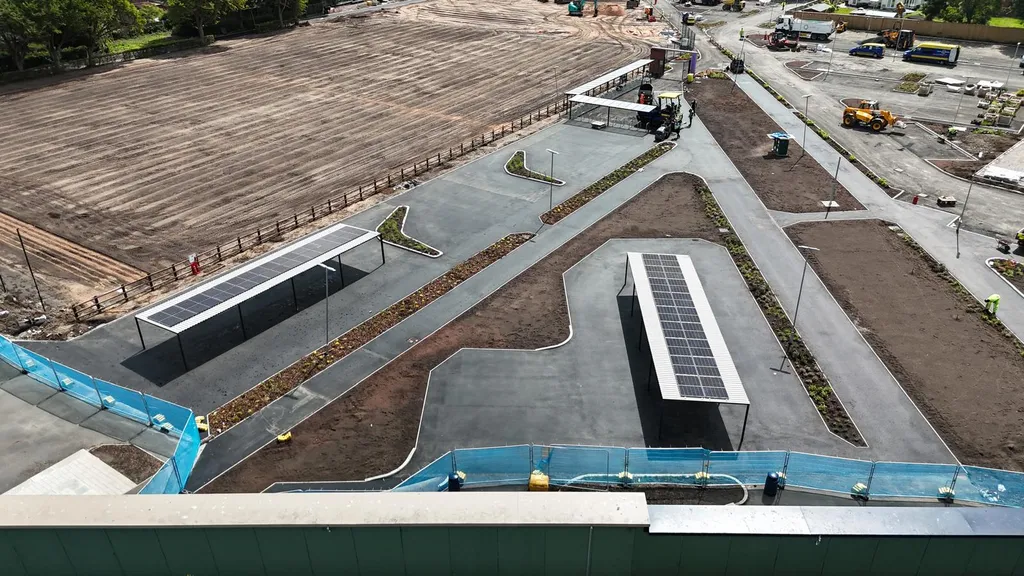 Solar panel canopy structure at new-build development, Manchester
