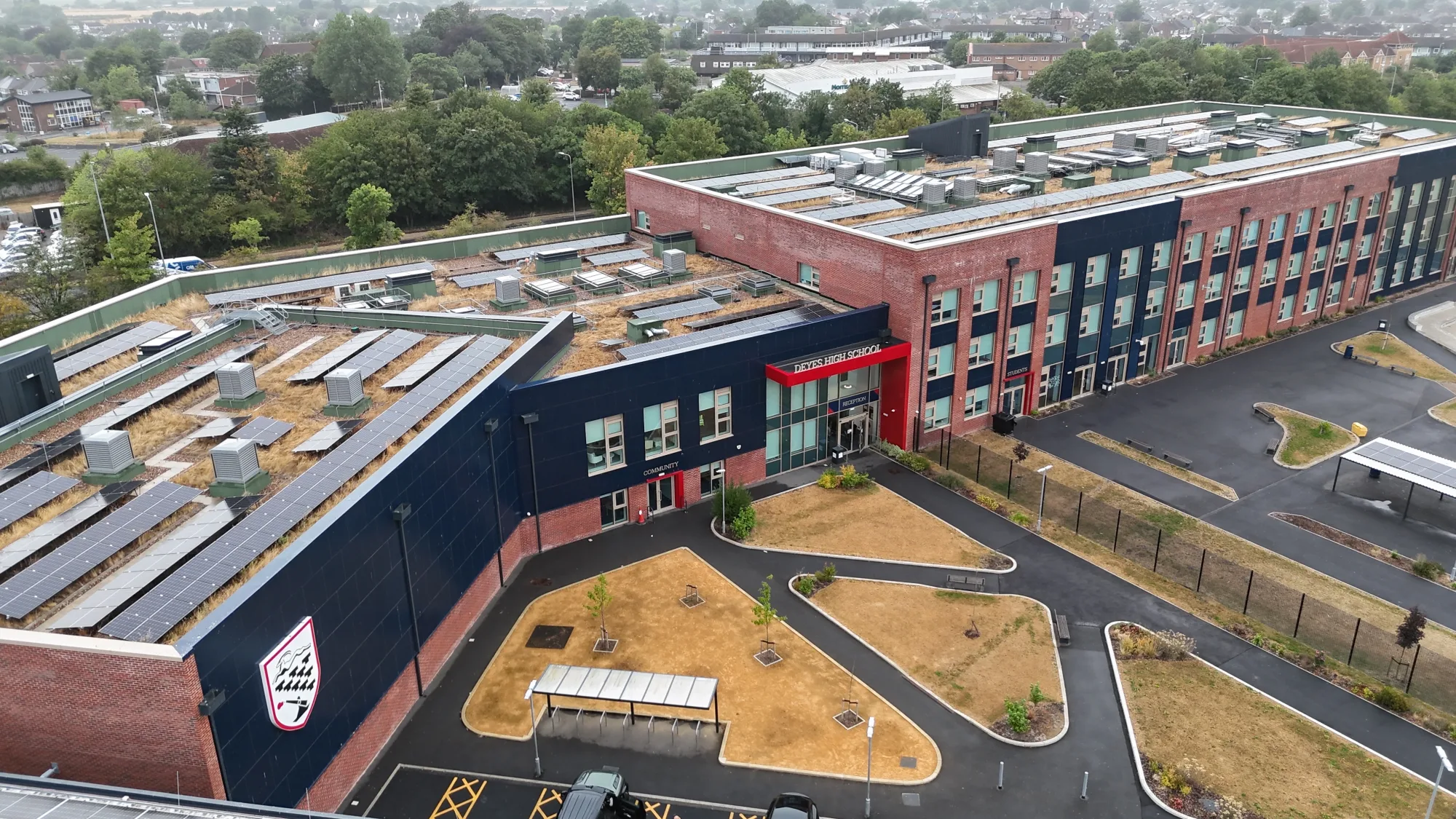 Deyes High School, Liverpool with rooftop solar panels installed across the main school building by Manchester Renewables