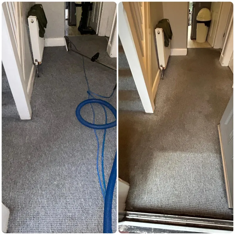 Hallway carpet before and after deep cleaning