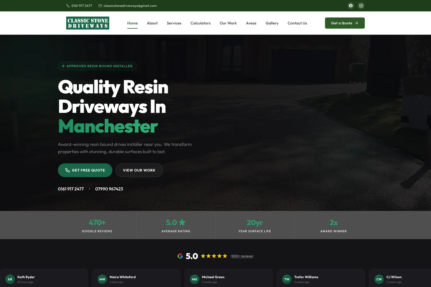 Classic Stone Driveways website homepage — resin driveway installer in Manchester, built by Trade Search Marketing
