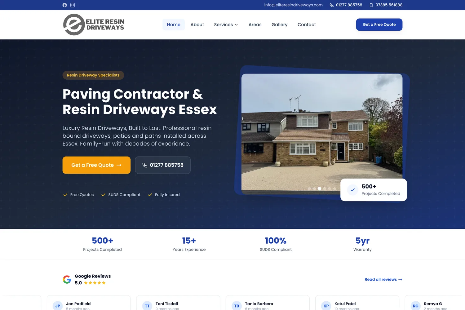Elite Resin Driveways website homepage — paving contractor in Essex, built by Trade Search Marketing