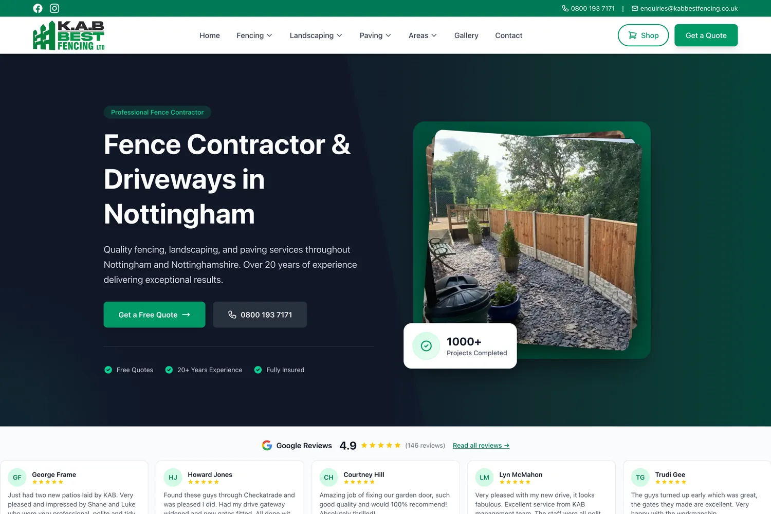 KAB Best Fencing & Driveways website homepage — fence contractor in Nottingham, built by Trade Search Marketing