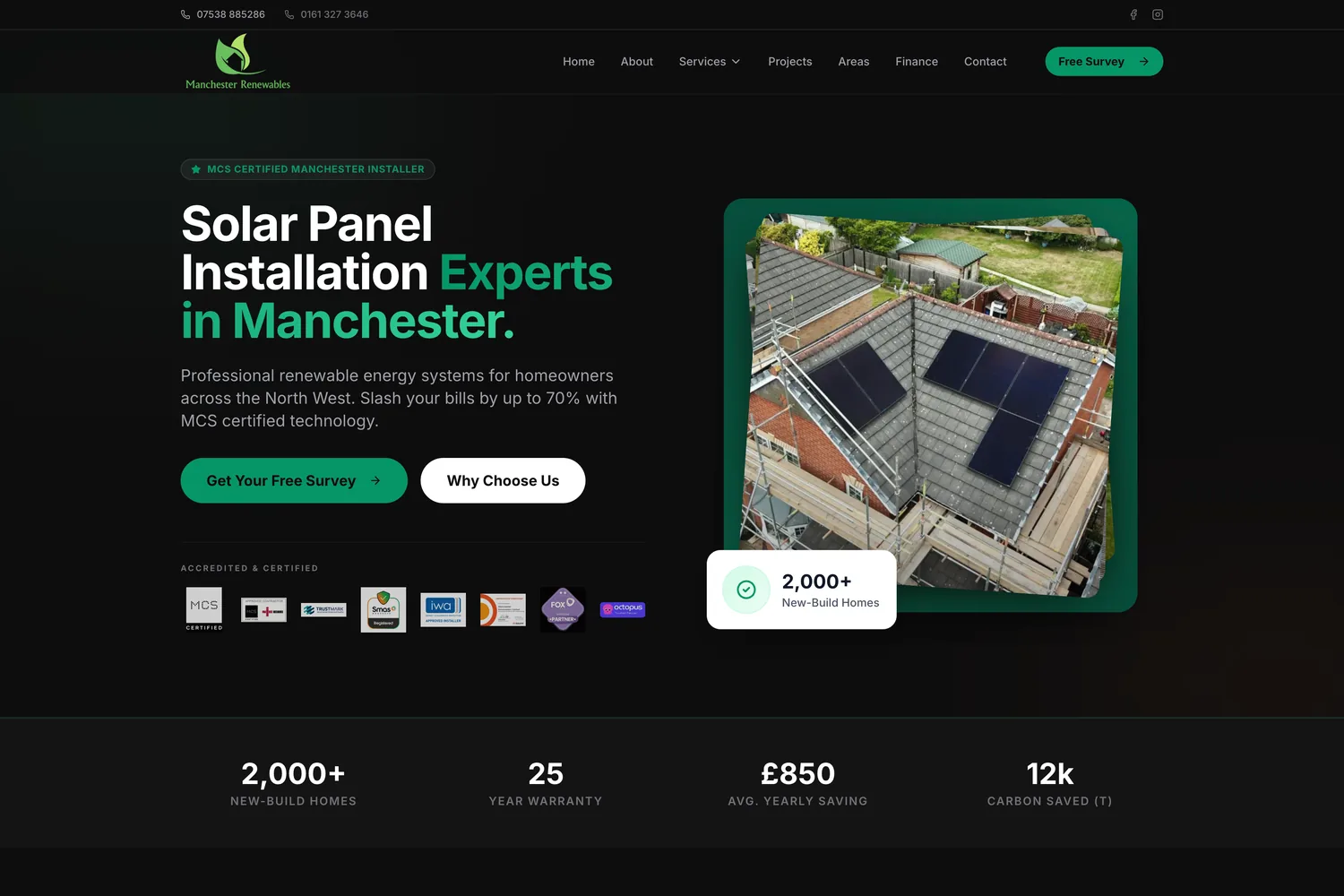 Manchester Renewables website homepage — solar panel installer in Manchester, built by Trade Search Marketing