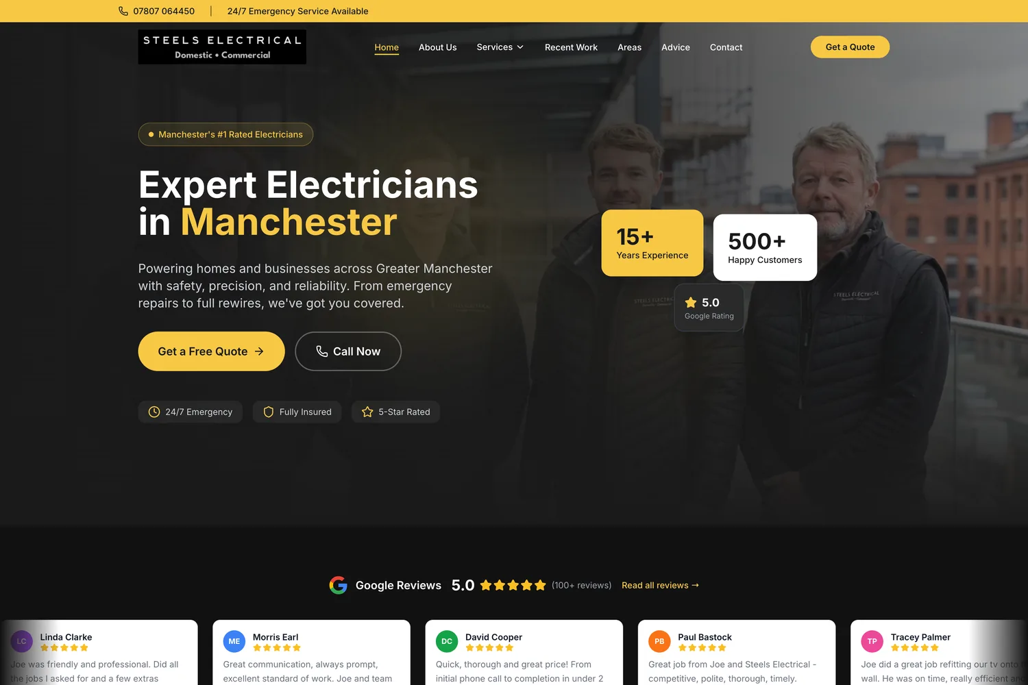 Steels Electrical website homepage — electrician in Manchester and Denton, built by Trade Search Marketing